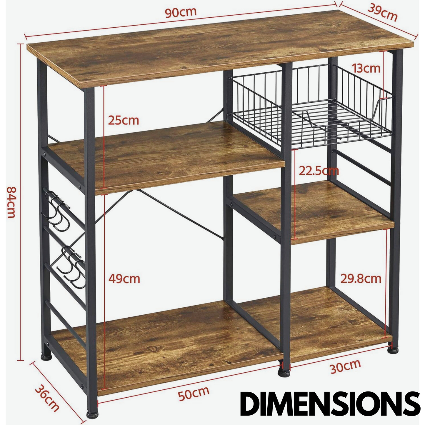 industrial kitchen baker's rack with storage shelves & hooks