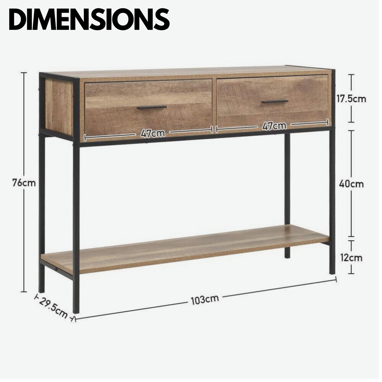 industrial console table with 2 drawers & storage shelf