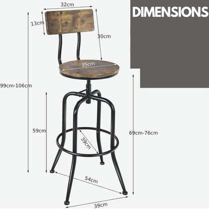 Set Of 2 Adjustable Swivel Stools With Backrest & Footrest