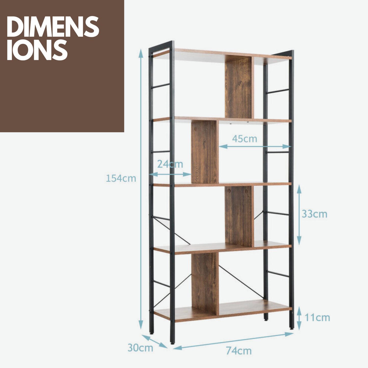 154cm tall 5 tier bookcase with metal frame