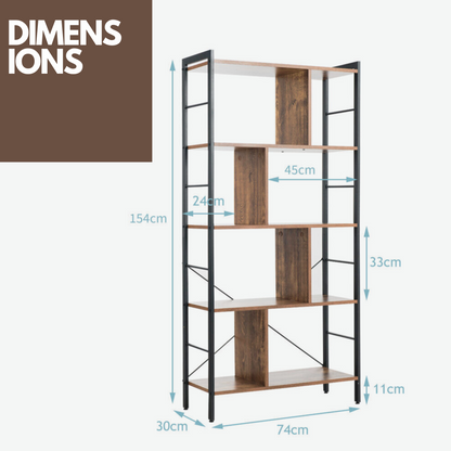 154CM Tall 5 Tier Bookcase With Metal Frame