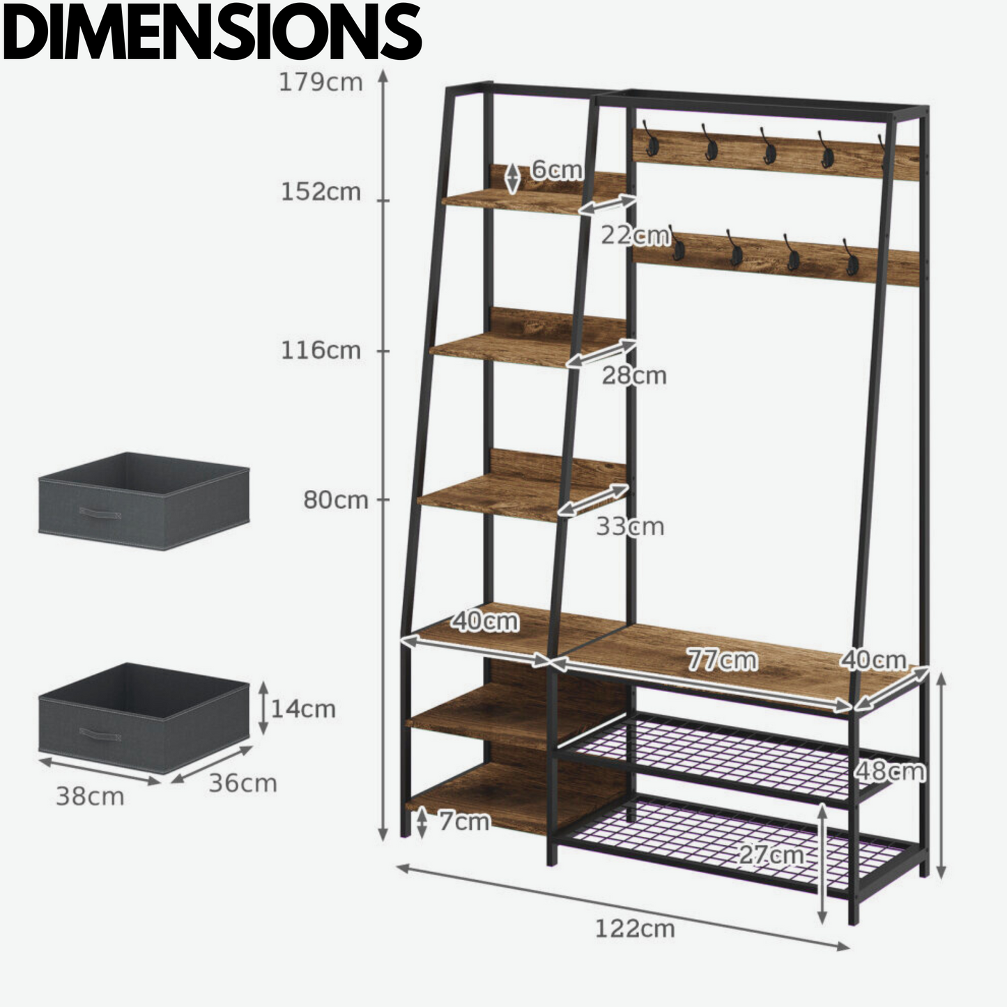 industrial coat rack stand with 2 fabric drawers & 9 hooks