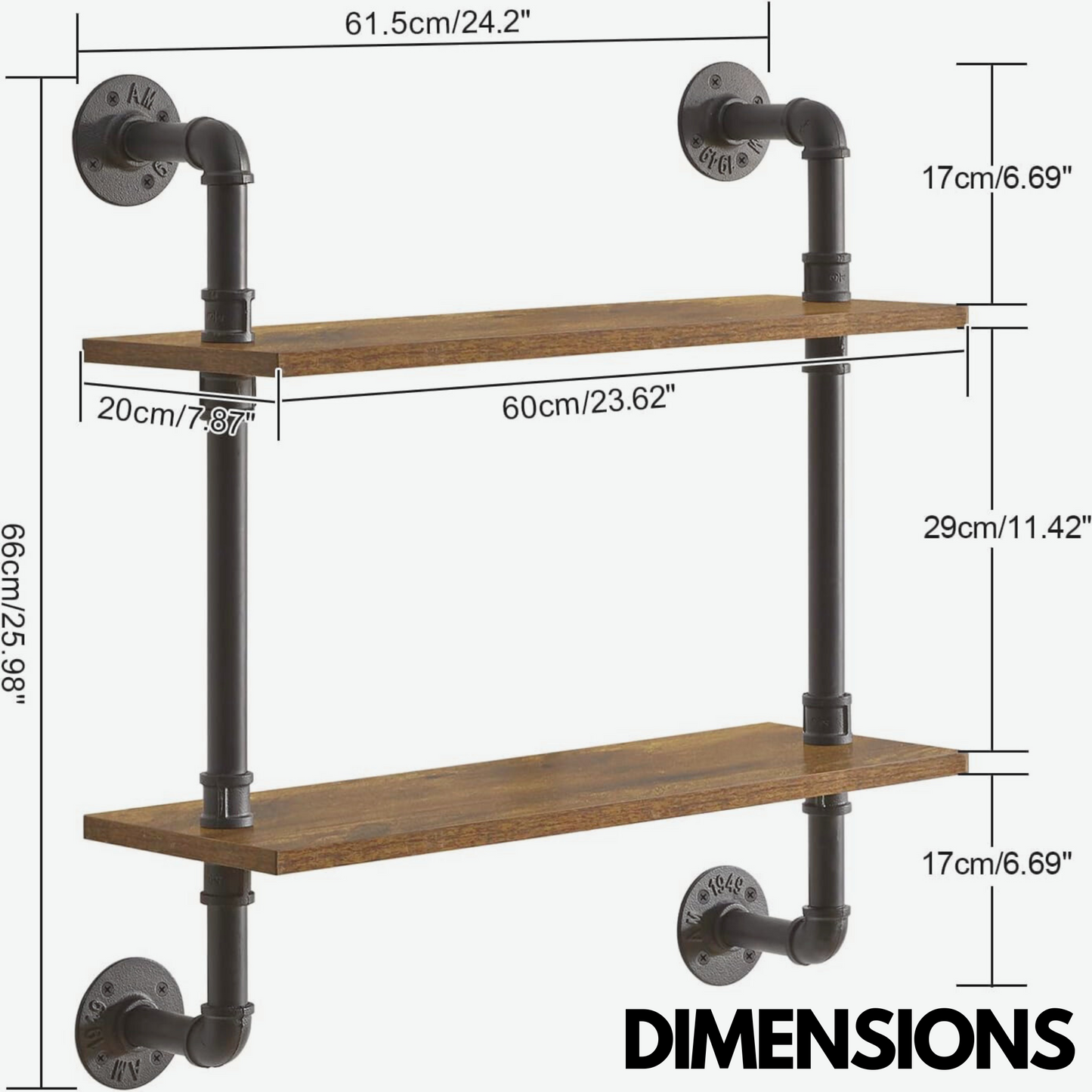 industrial pipe wall-mounted 2 tier floating shelves