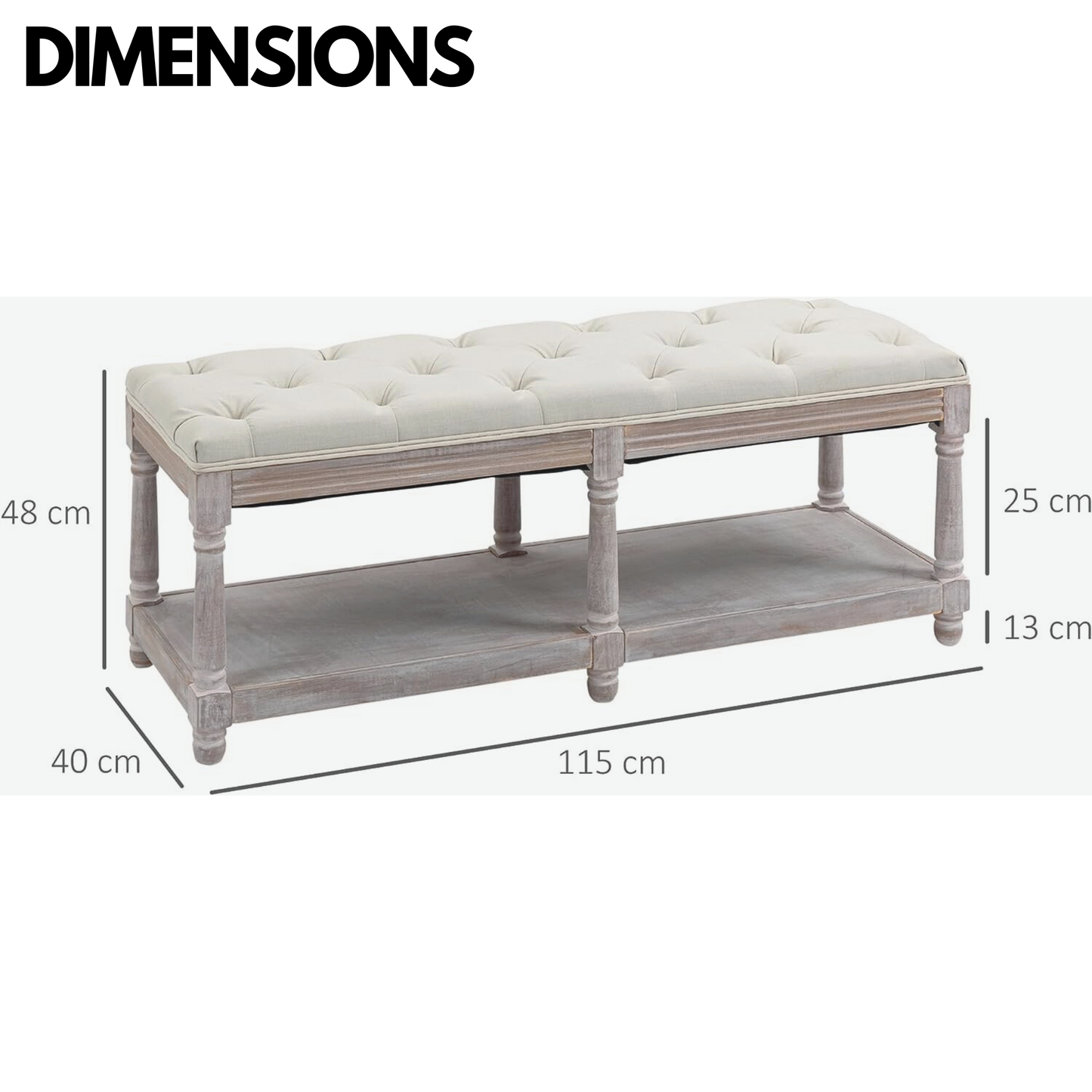 upholstered wooden bench seat with shelf cream white