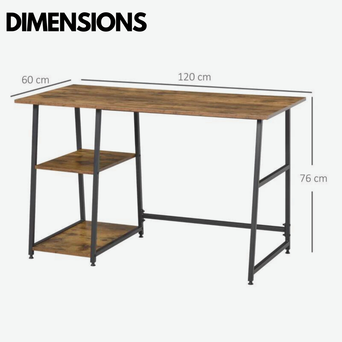 industrial rustic writing desk with 2 shelves