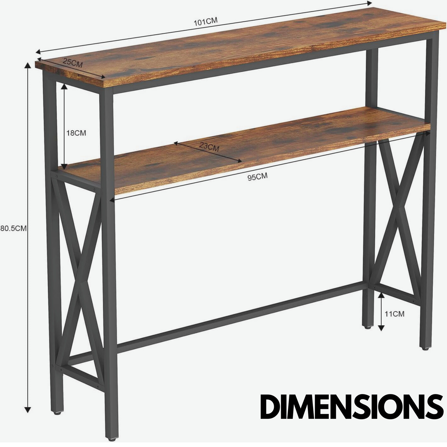 industrial console table with 2 shelves rustic brown