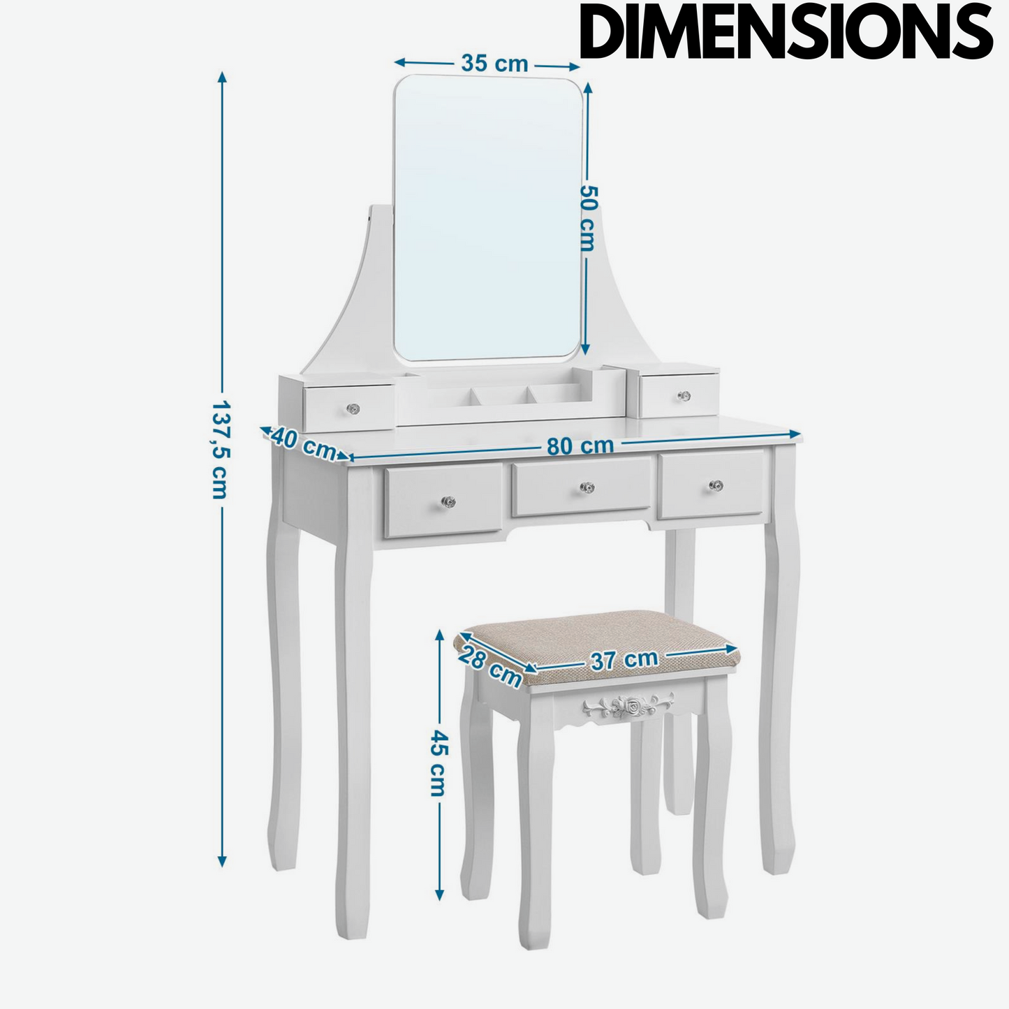 5 drawer white dressing table with mirror and stool