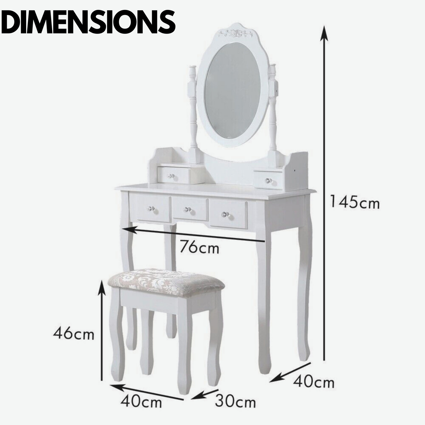 5 drawer white dressing table with round mirror and stool