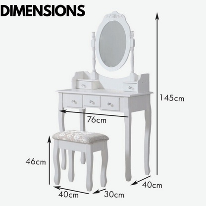 5 Drawer White Dressing Table With Round Mirror And Stool