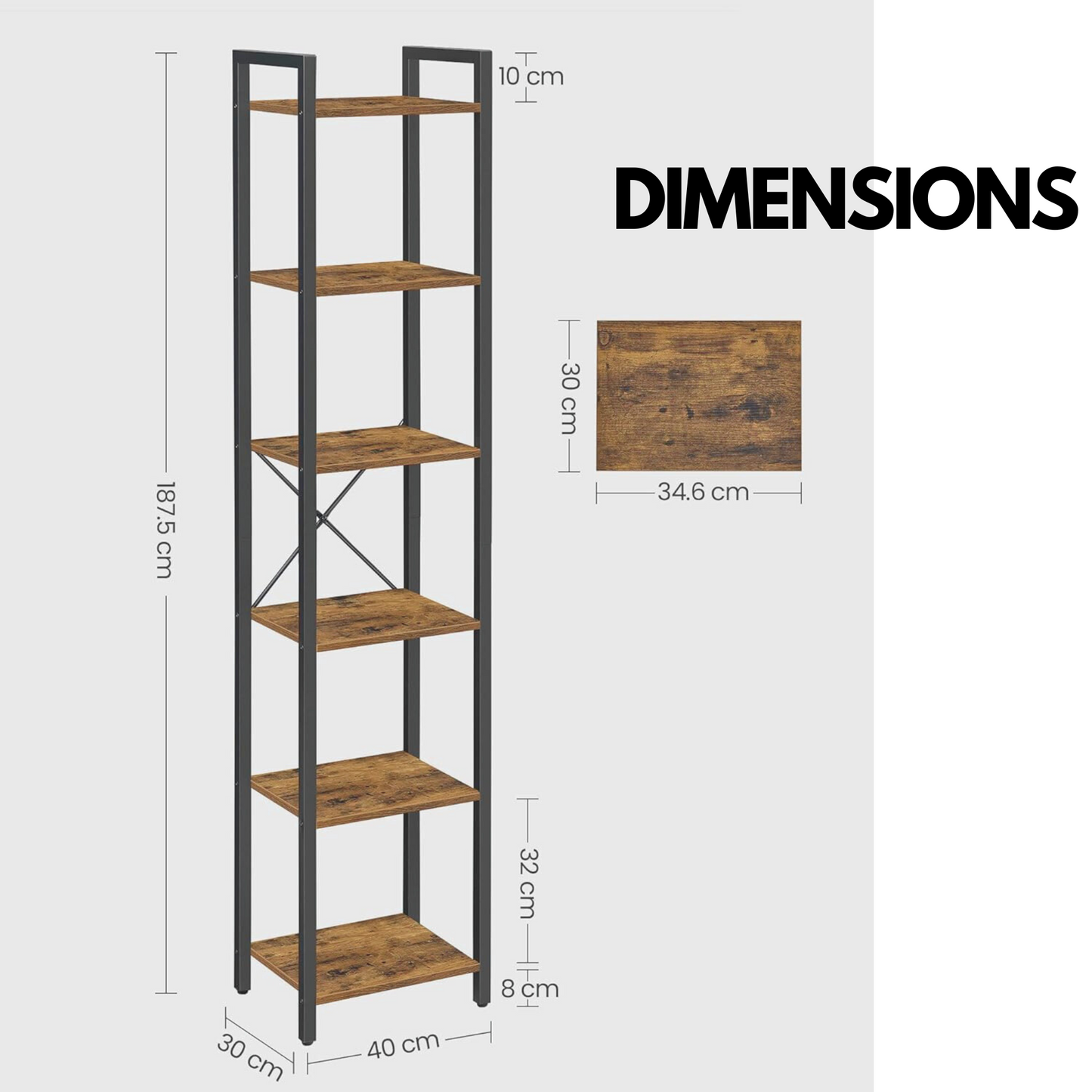 187.5cm tall bookcase industrial rustic brown free-standing