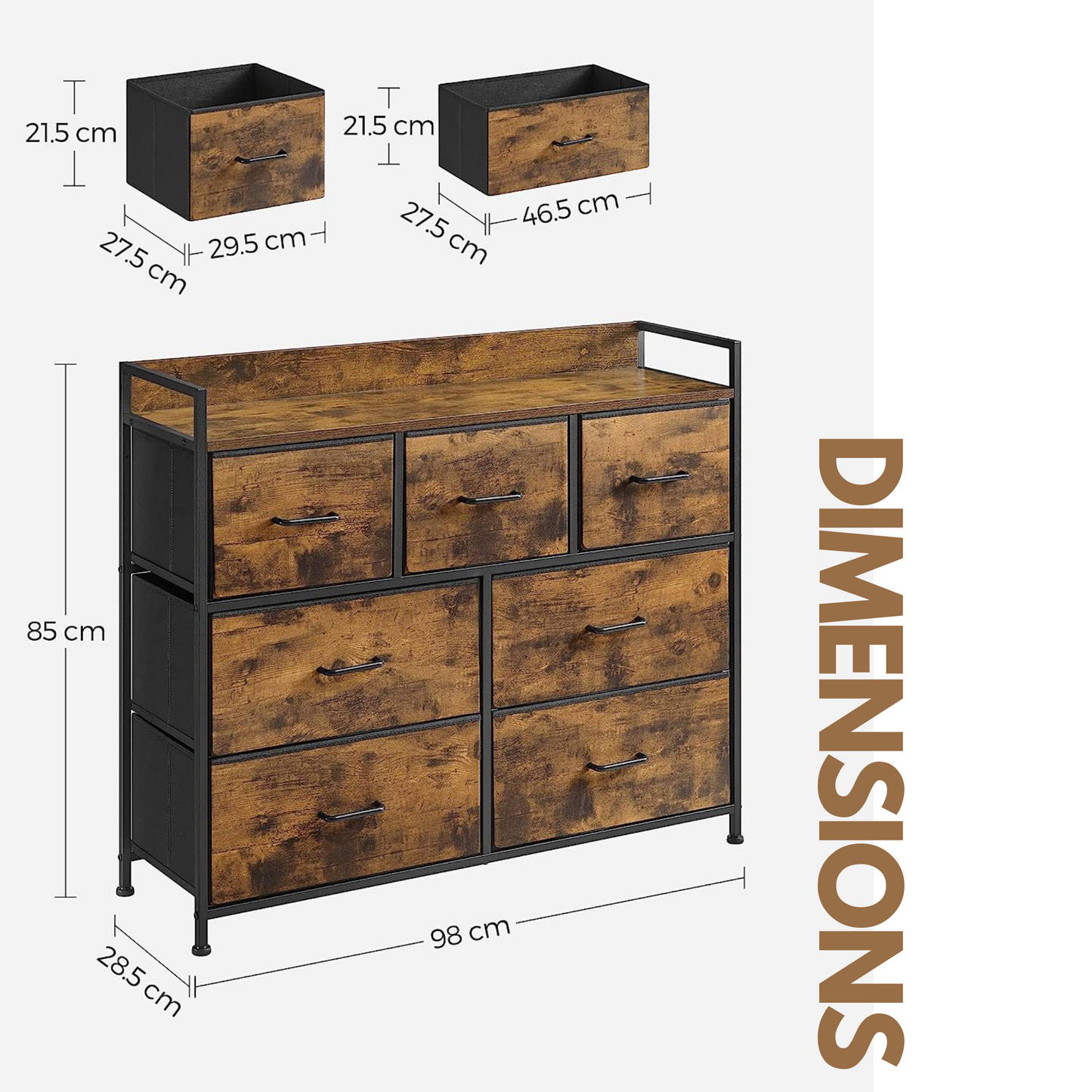 industrial rustic brown chest with 7 fabric drawers