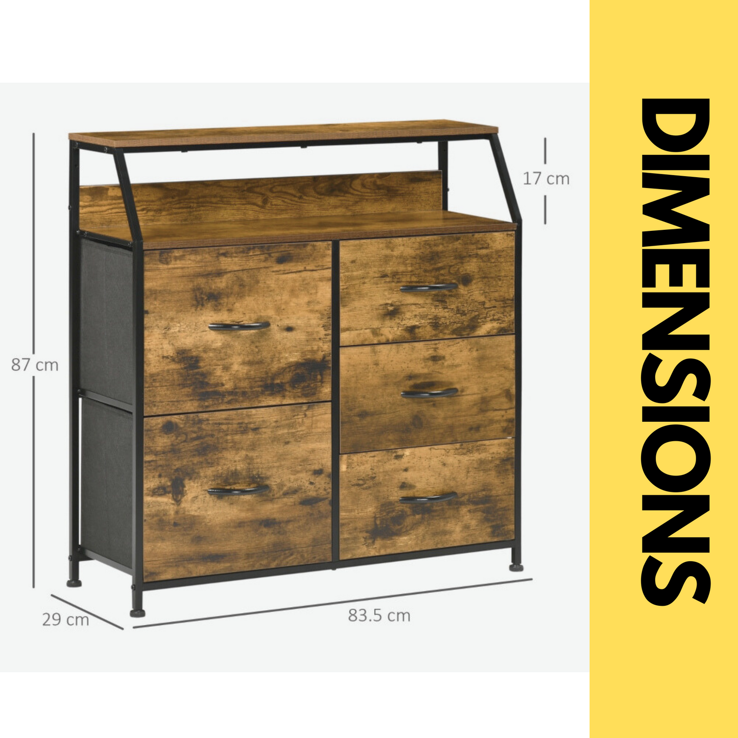 industrial rustic brown chest with 5 fabric drawers