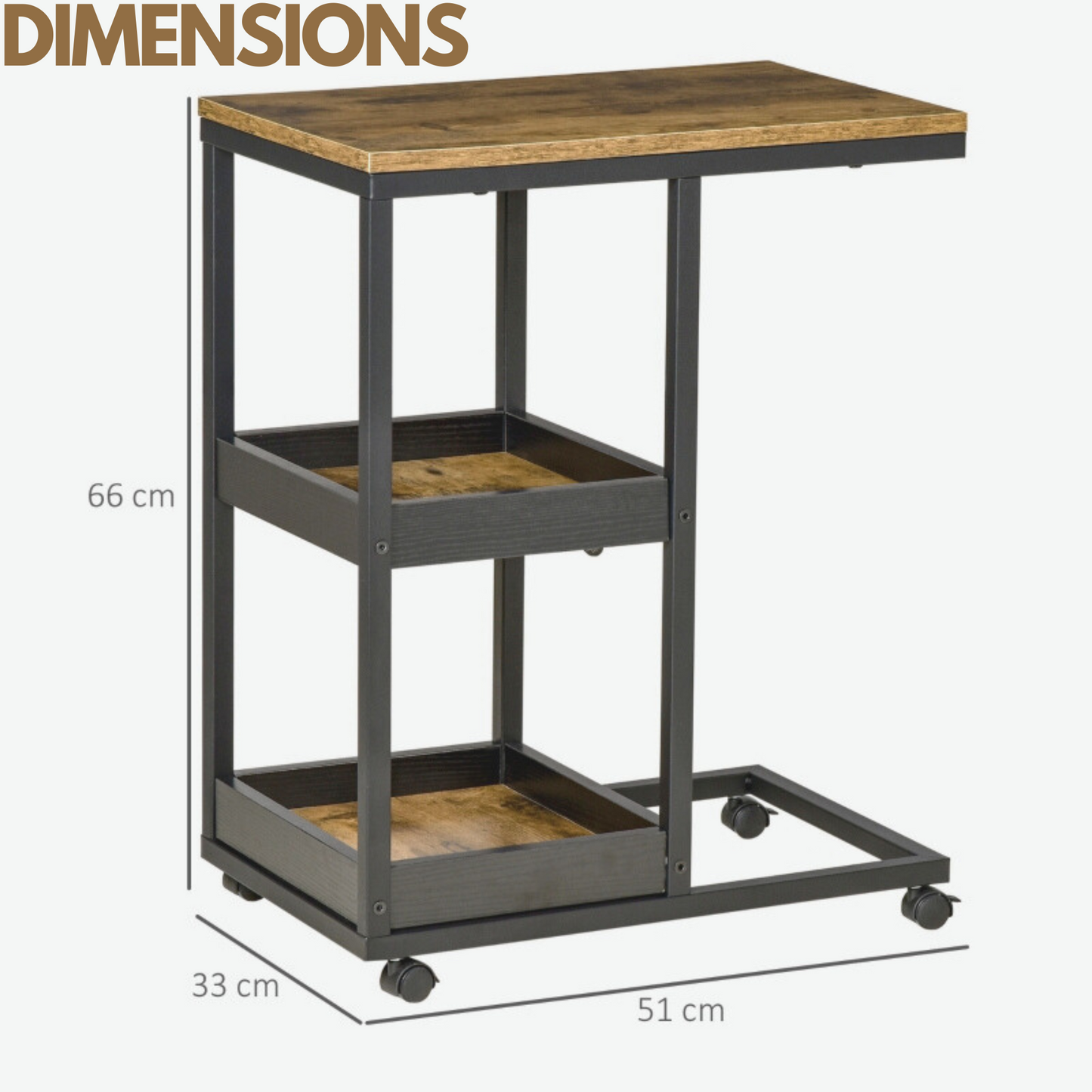 industrial c shaped side table 3-tier with wheels