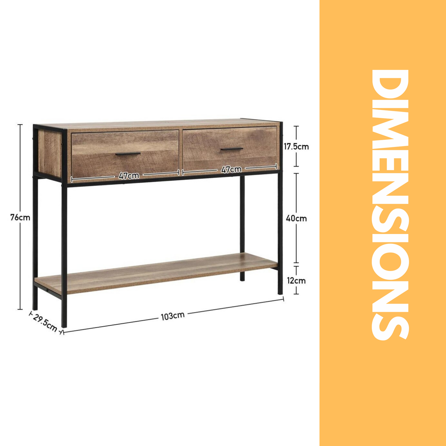 industrial console table with 2 drawers