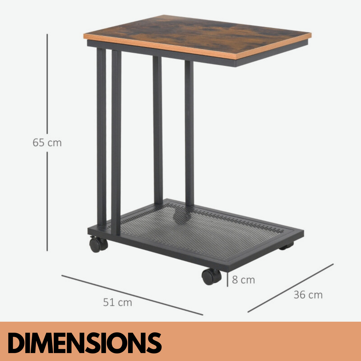 industrial c shaped side table with mesh shelf & wheels