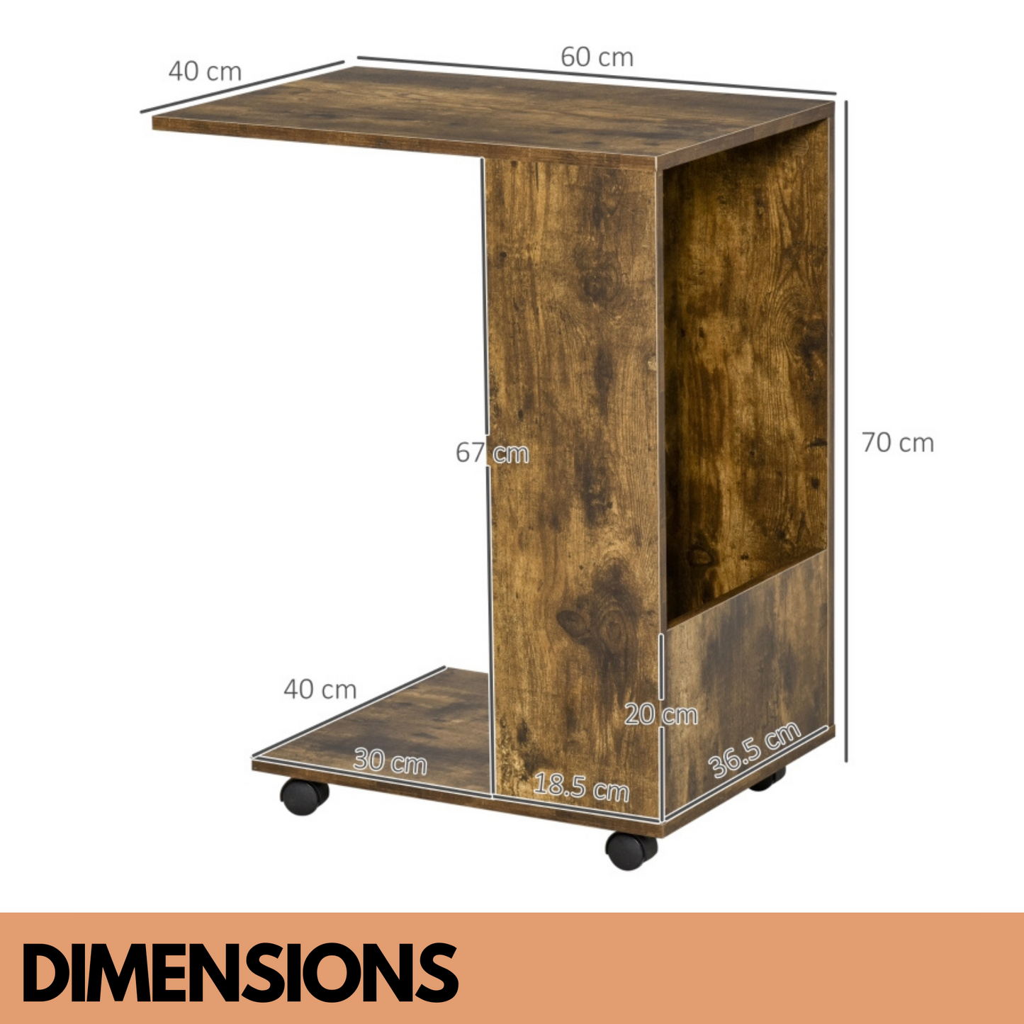 industrial brown c shaped side table with storage & wheels