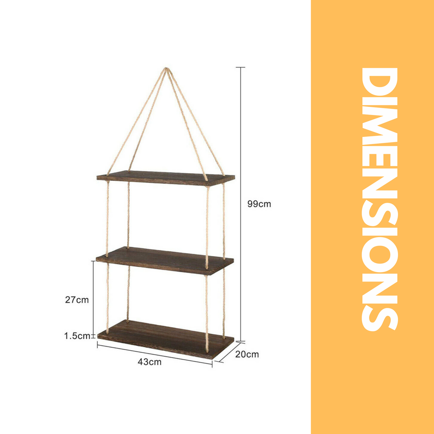 3 tier wooden hanging shelves with rope detail