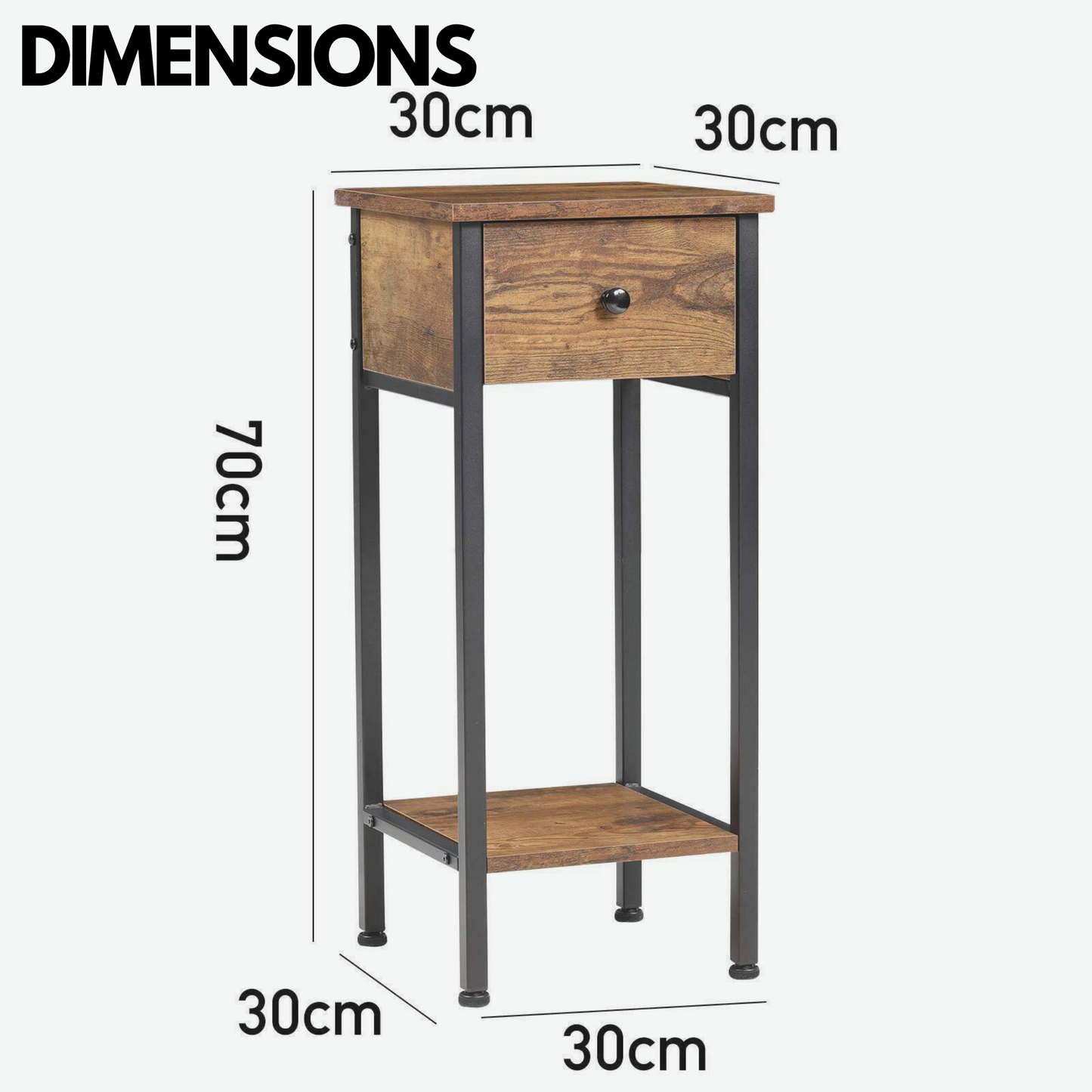 industrial narrow bedside table with drawer