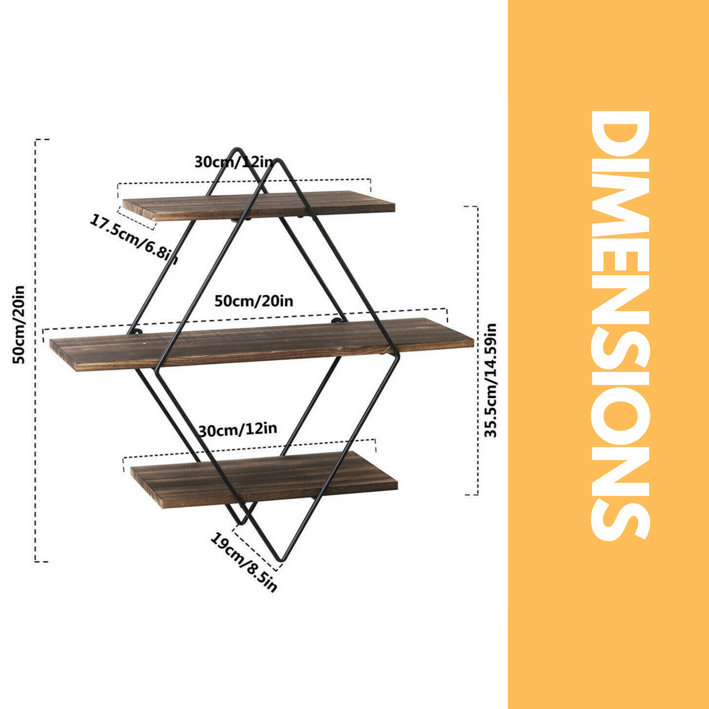 industrial 3 tier wooden diamond shape floating shelf