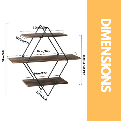 Industrial 3 Tier Wooden Diamond Shape Floating Shelf