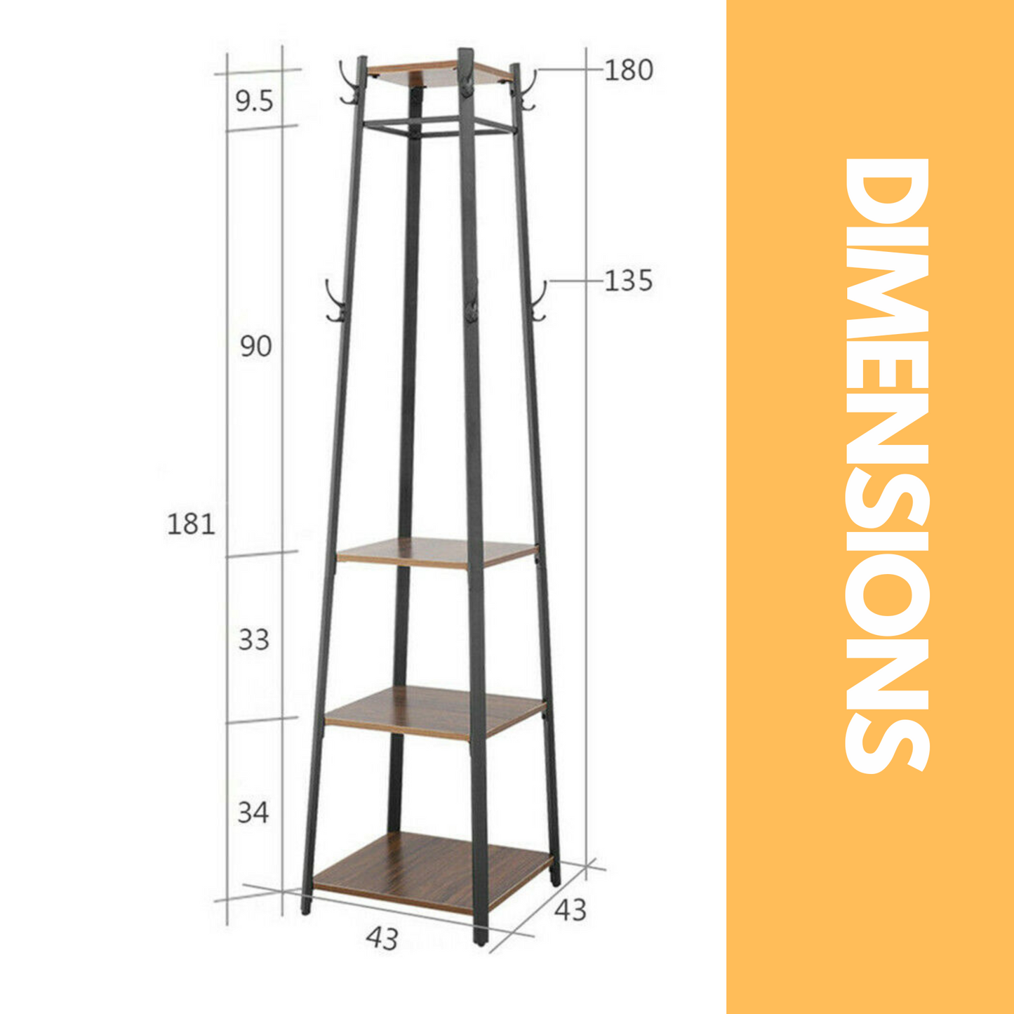 industrial coat stand with 2 shelves