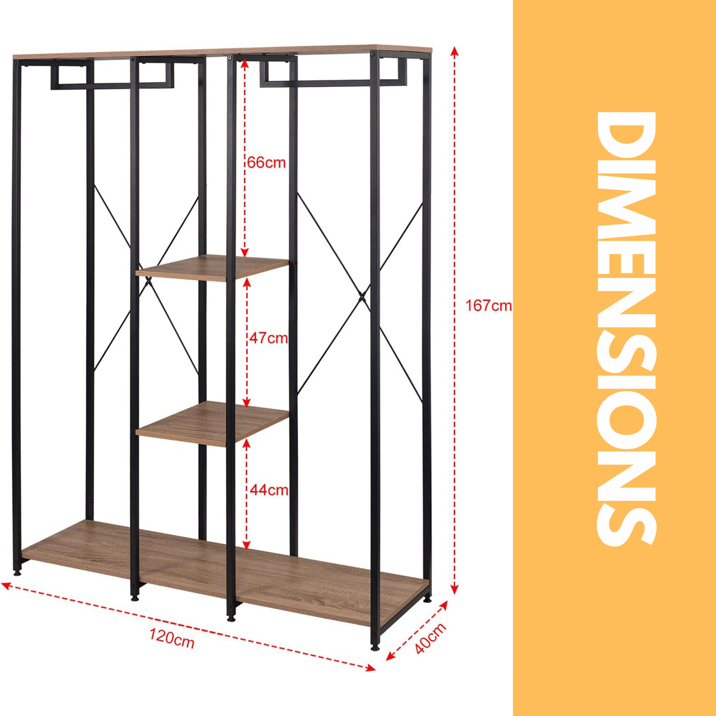 industrial metal open wardrobe with wooden shelves