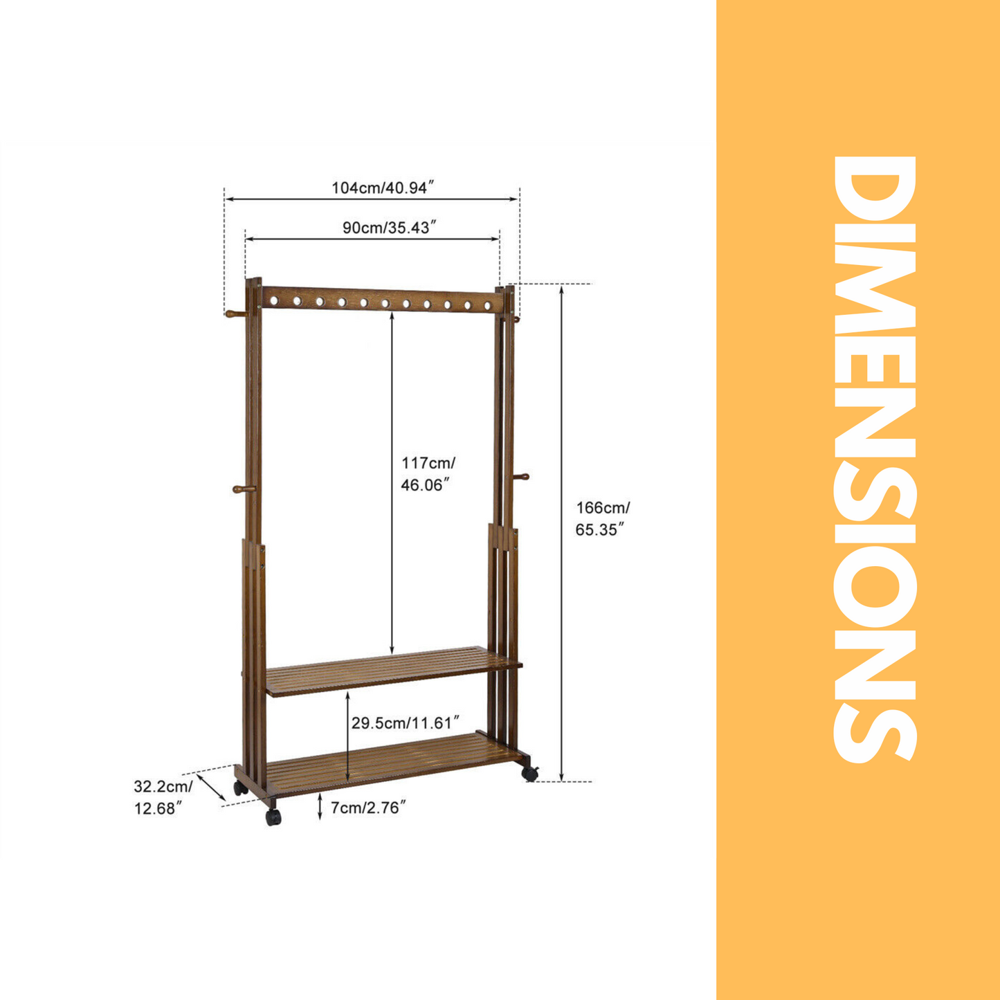 bamboo clothes rail with shelves & wheels walnut brown