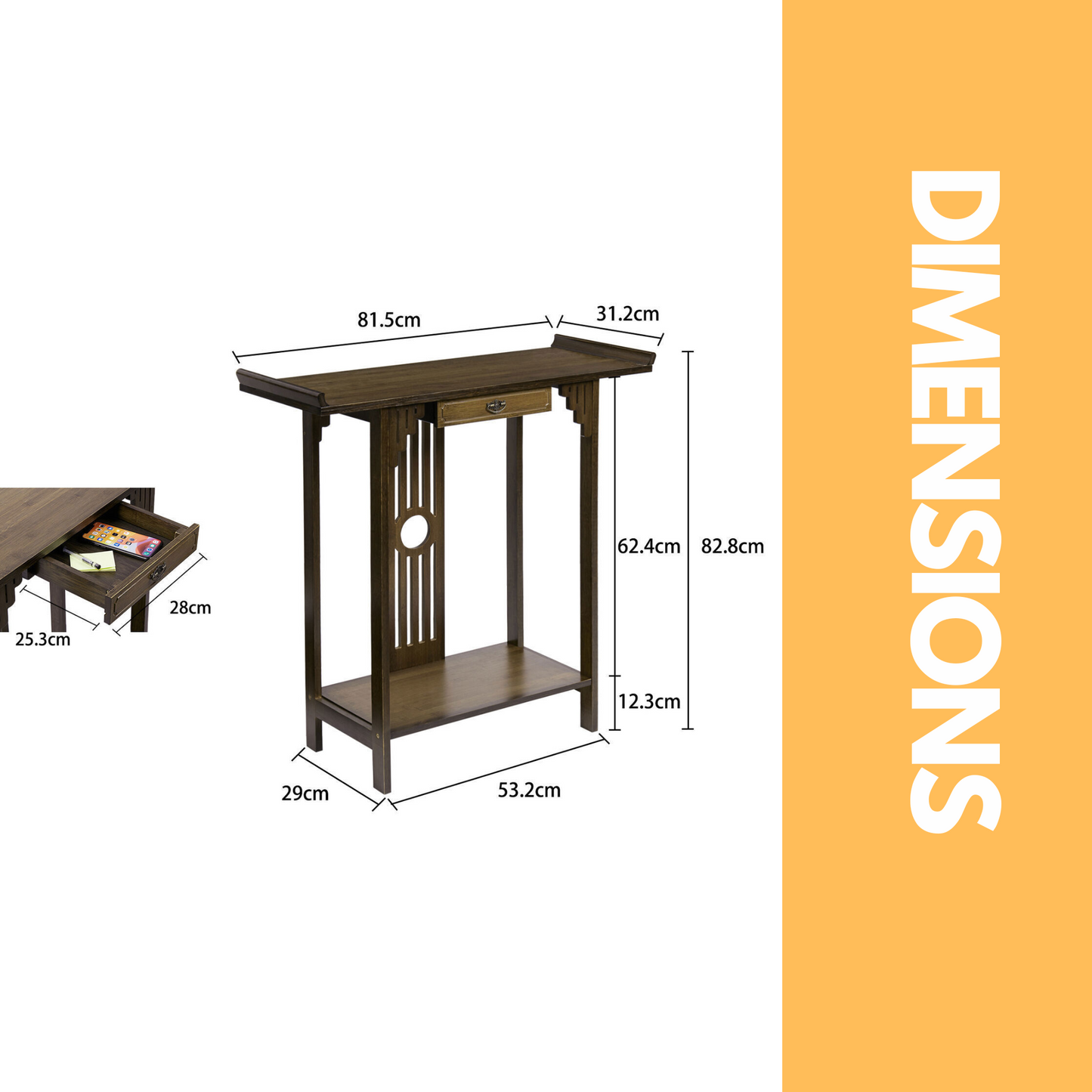 bamboo slim console table with shelf and drawer