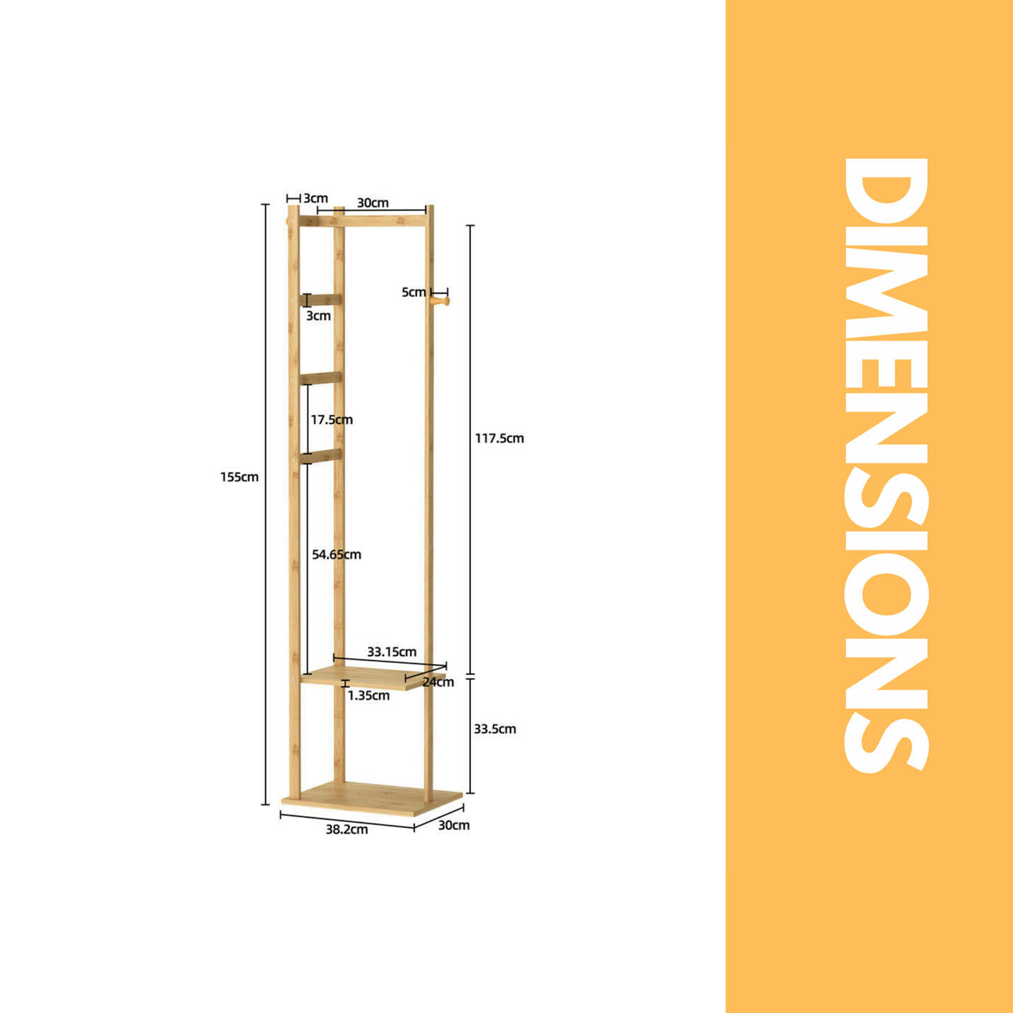 narrow bamboo clothes rail with 2 shelves