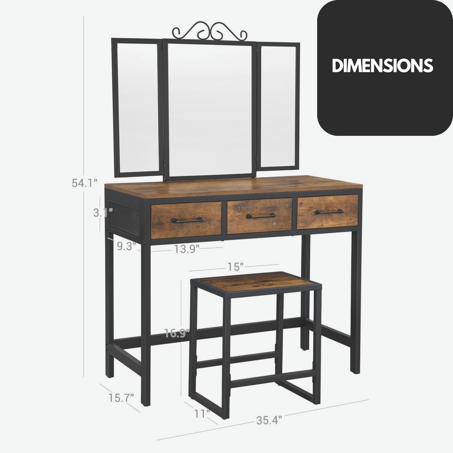 industrial rustic brown dressing table with mirror and stool