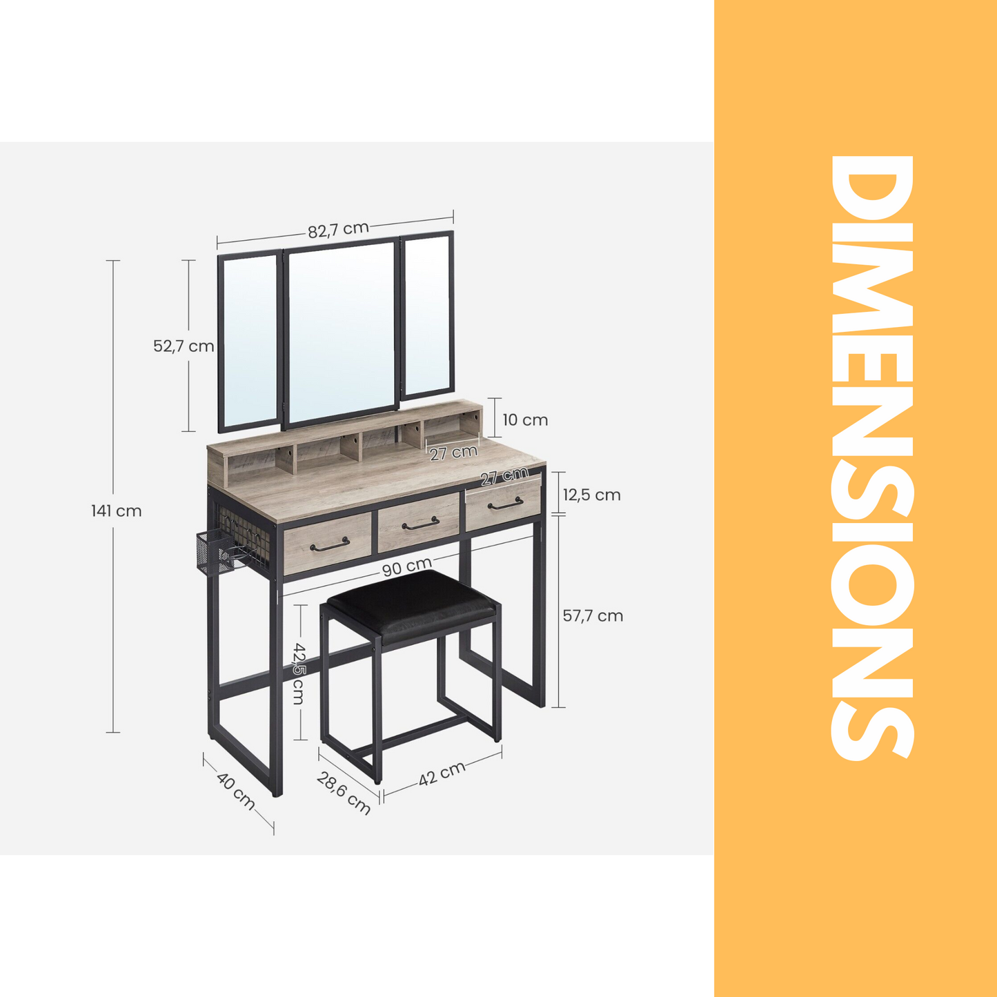 3 drawer dressing table with mirror and stool greige