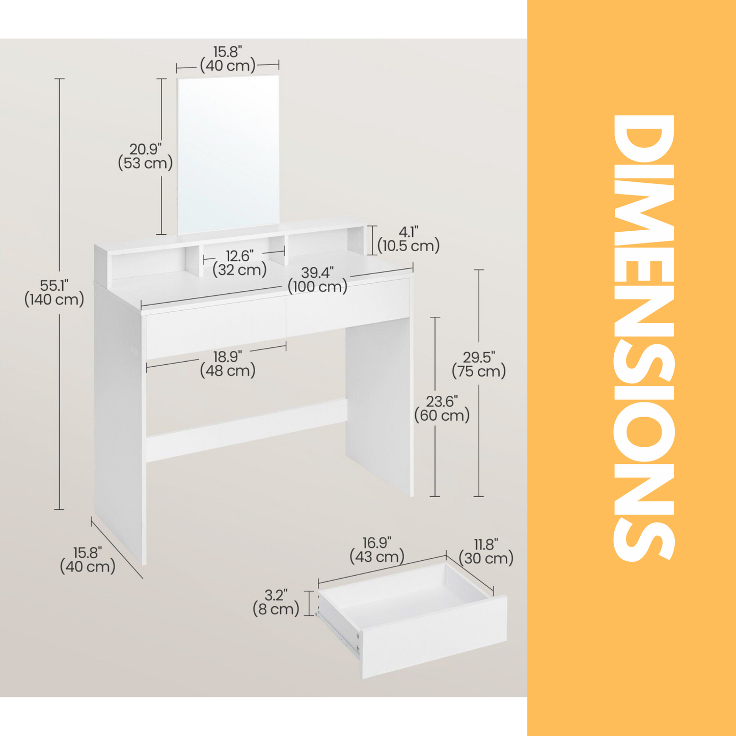 2 drawer dressing table with mirror white