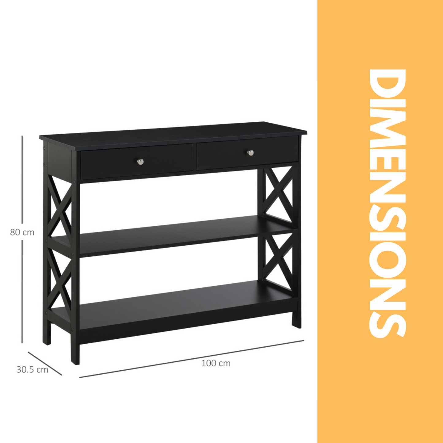 3 tier console table with 2 drawers black