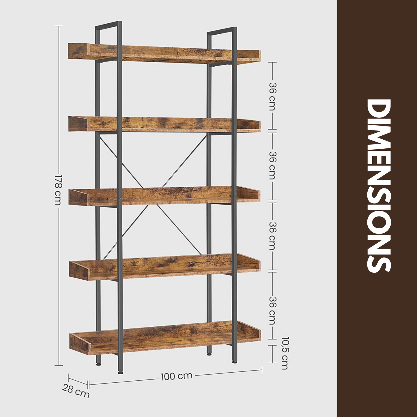 industrial 5 tier rustic brown bookcase