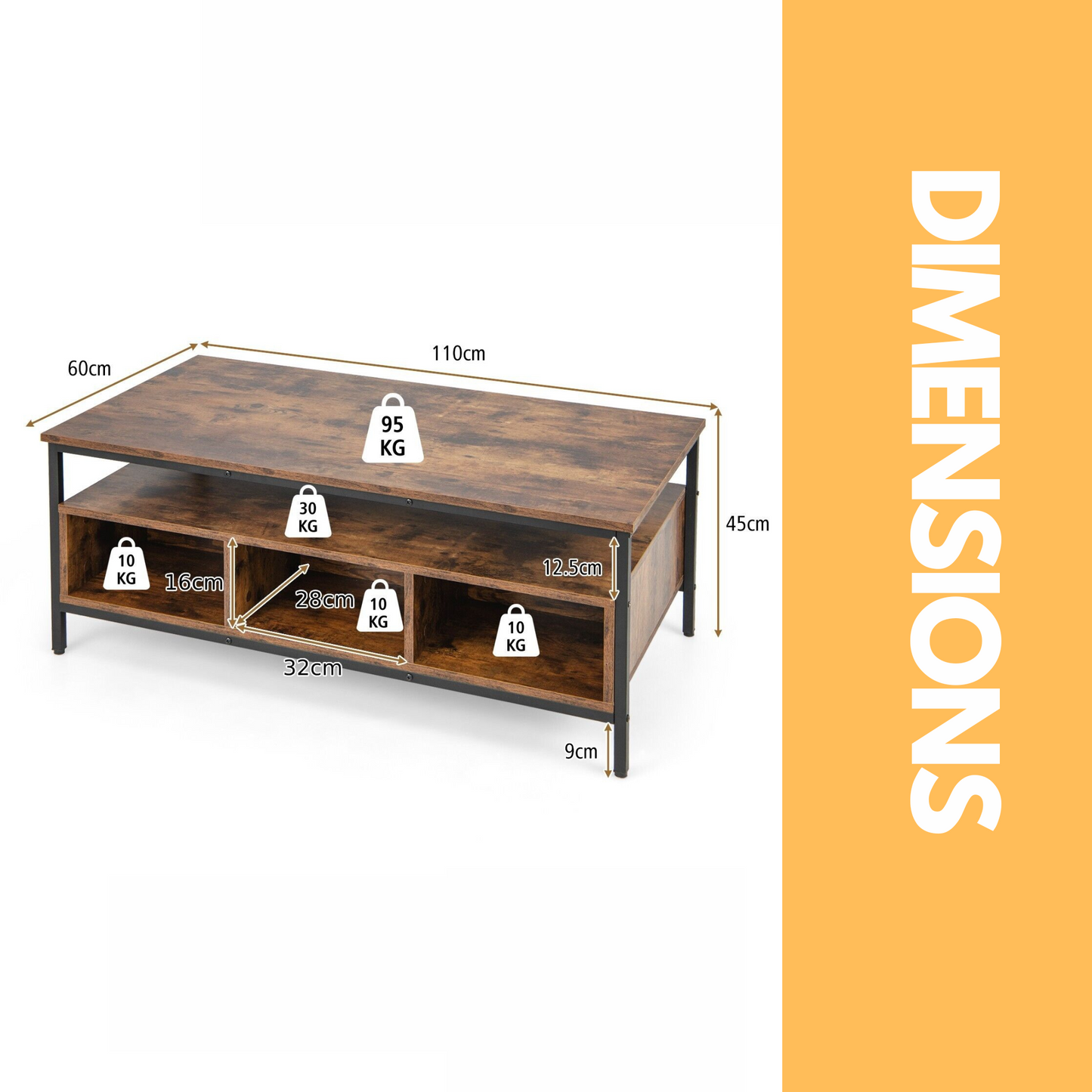 industrial wooden coffee table with storage shelves