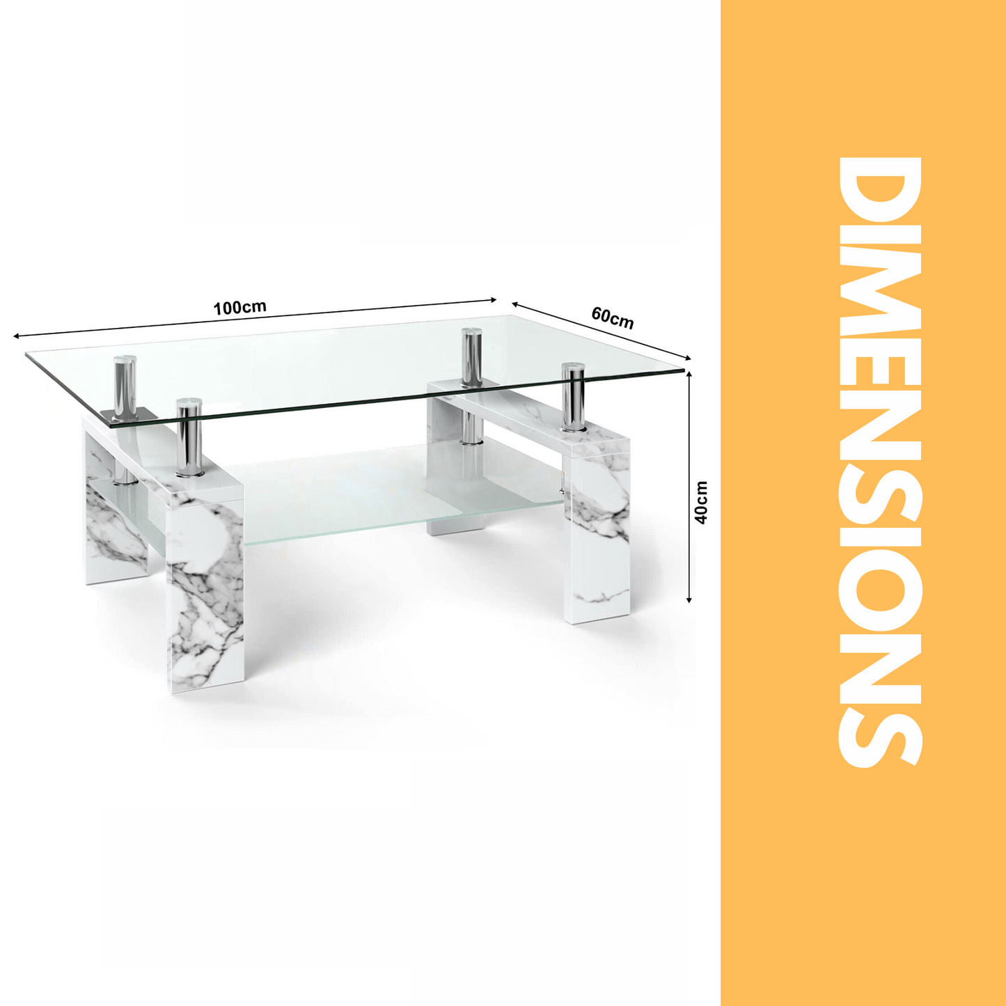 2 tier glass coffee table marble effect