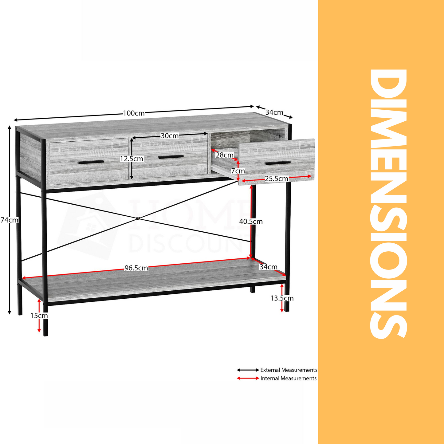 3 drawer industrial console table grey