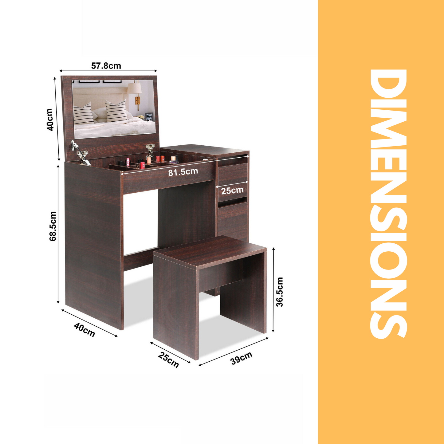 2-in-1 dressing table workstation with stool walnut