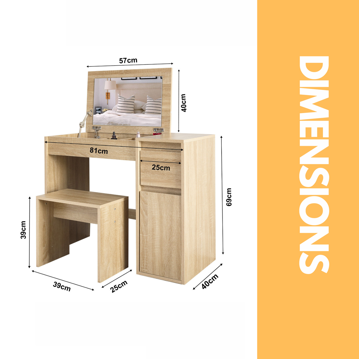 2-in-1 dressing table workstation with stool oak