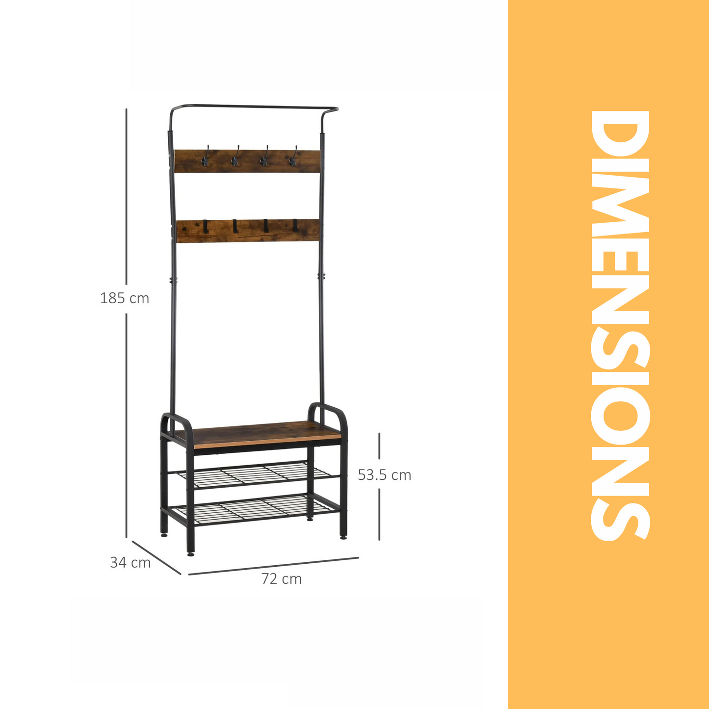 industrial coat rack stand with 2 shelves & 8 hooks