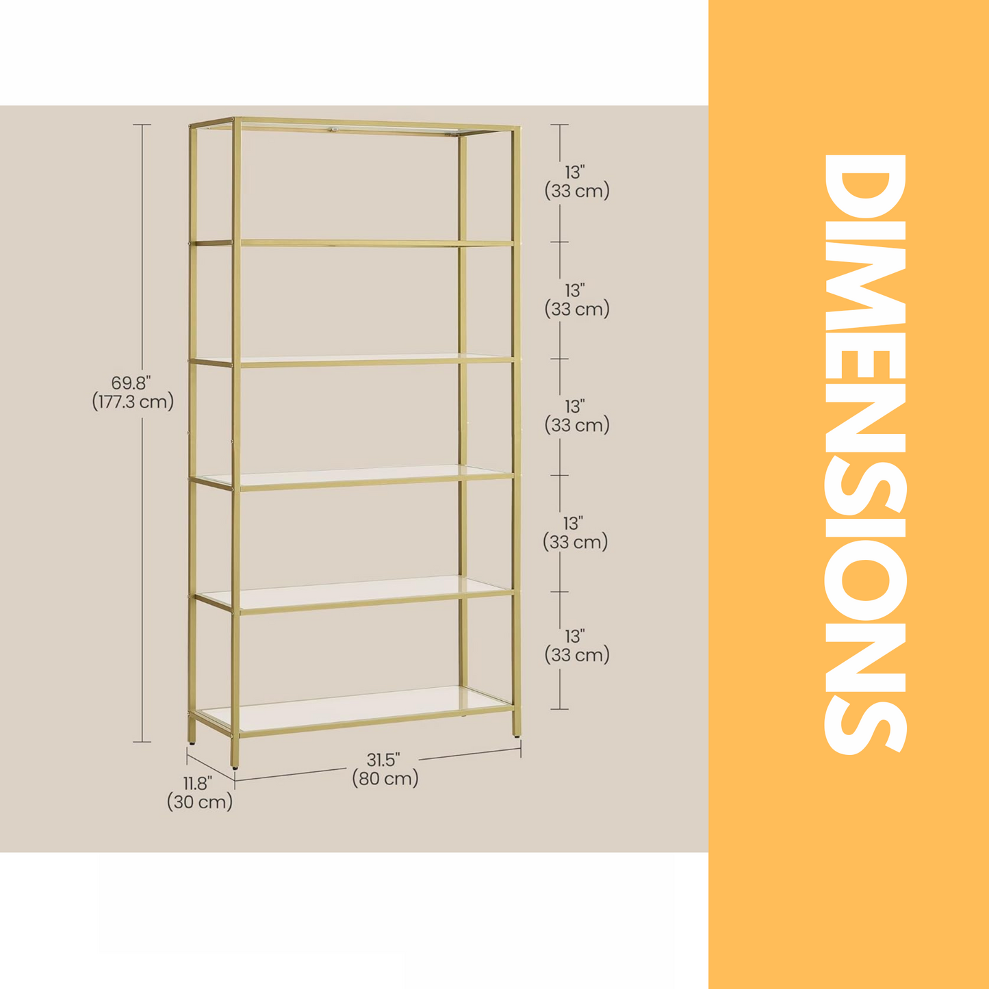 6 tier tempered glass shelves unit gold