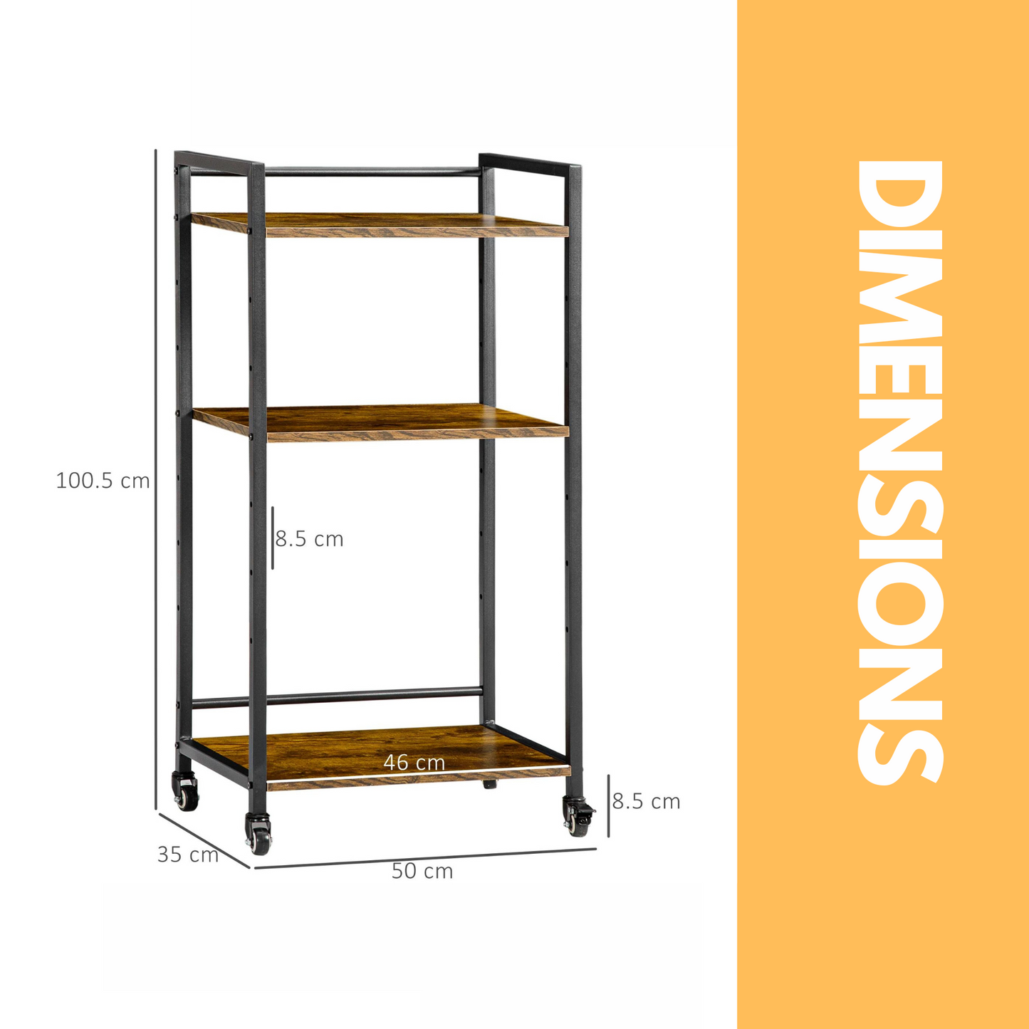 3 tier printer trolley with lockable wheels & adjustable shelves