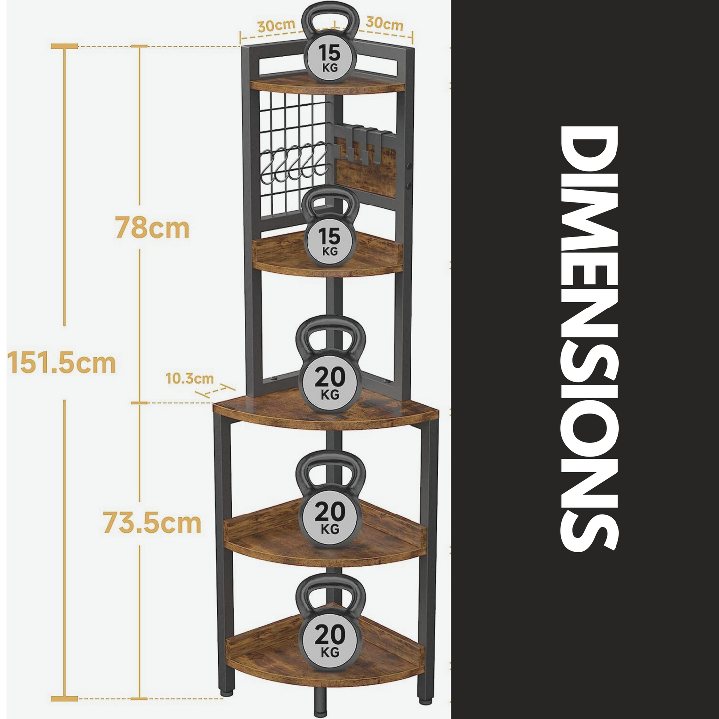 industrial free-standing 5 tier corner shelf rustic brown