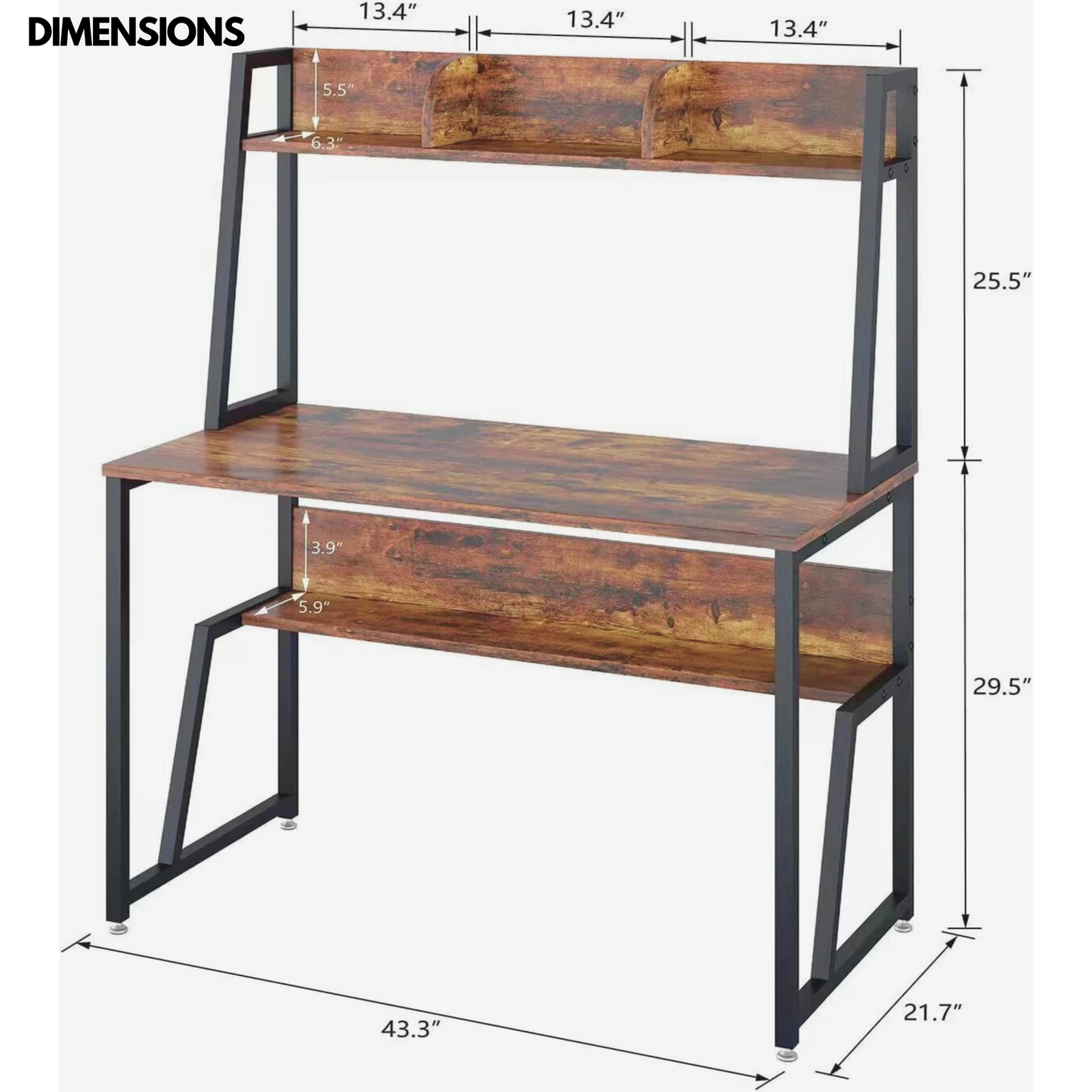 3 tier industrial writing desk rustic brown