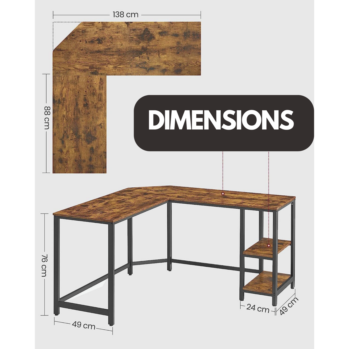 industrial rustic l-shaped writing desk with steel frame