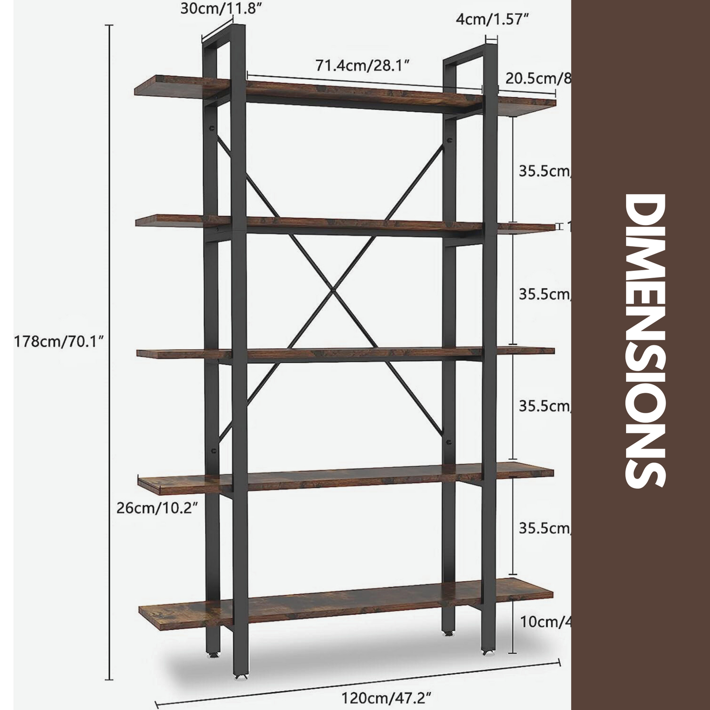 industrial 5 tier walnut brown bookcase