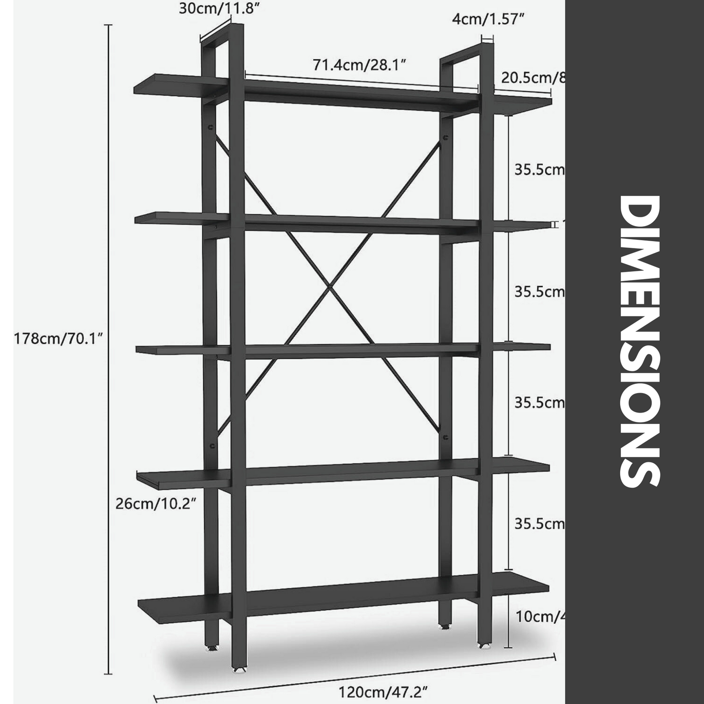 industrial 5 tier black bookcase