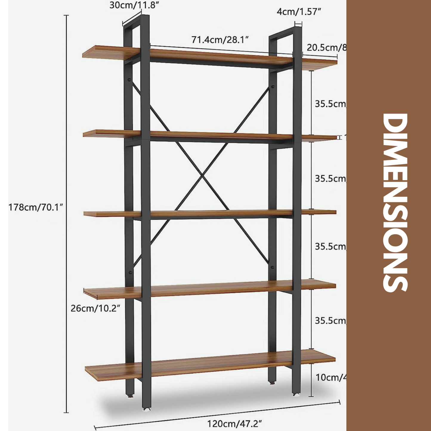 industrial 5 tier rustic brown bookcase