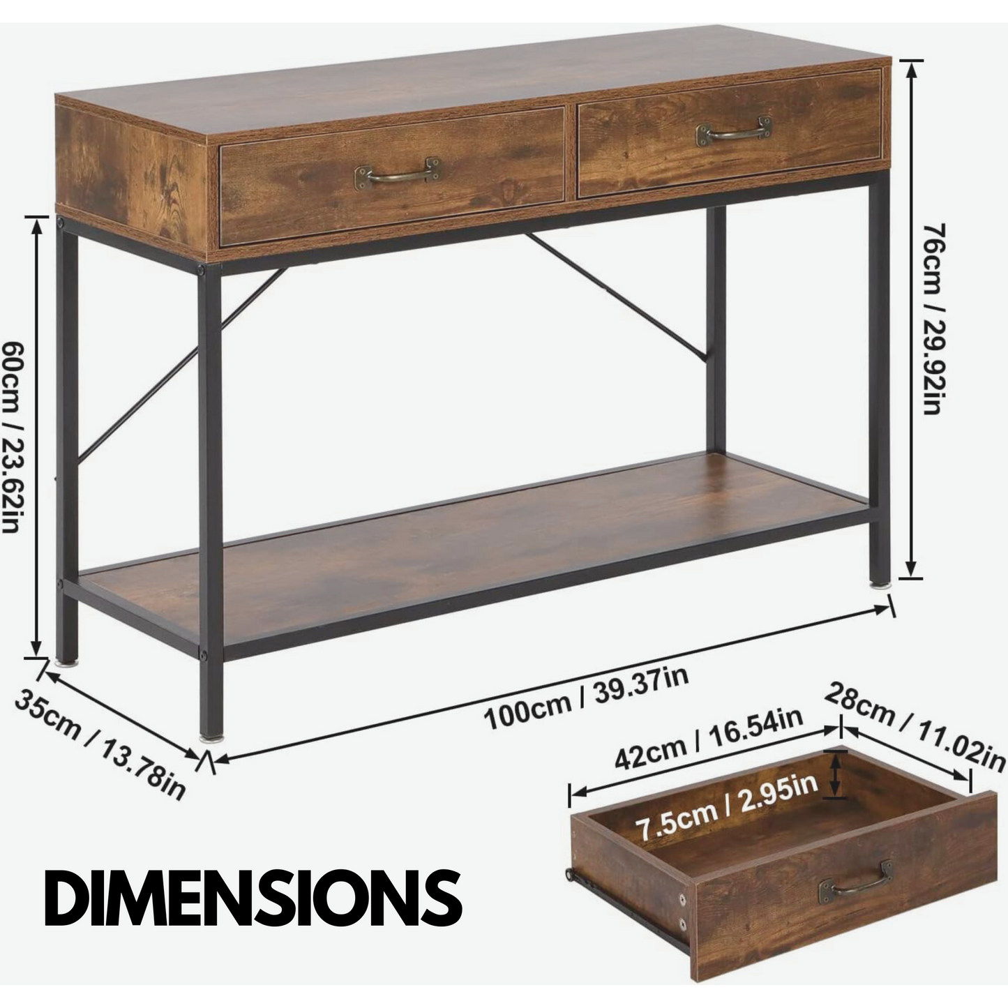 industrial console table with 2 drawers