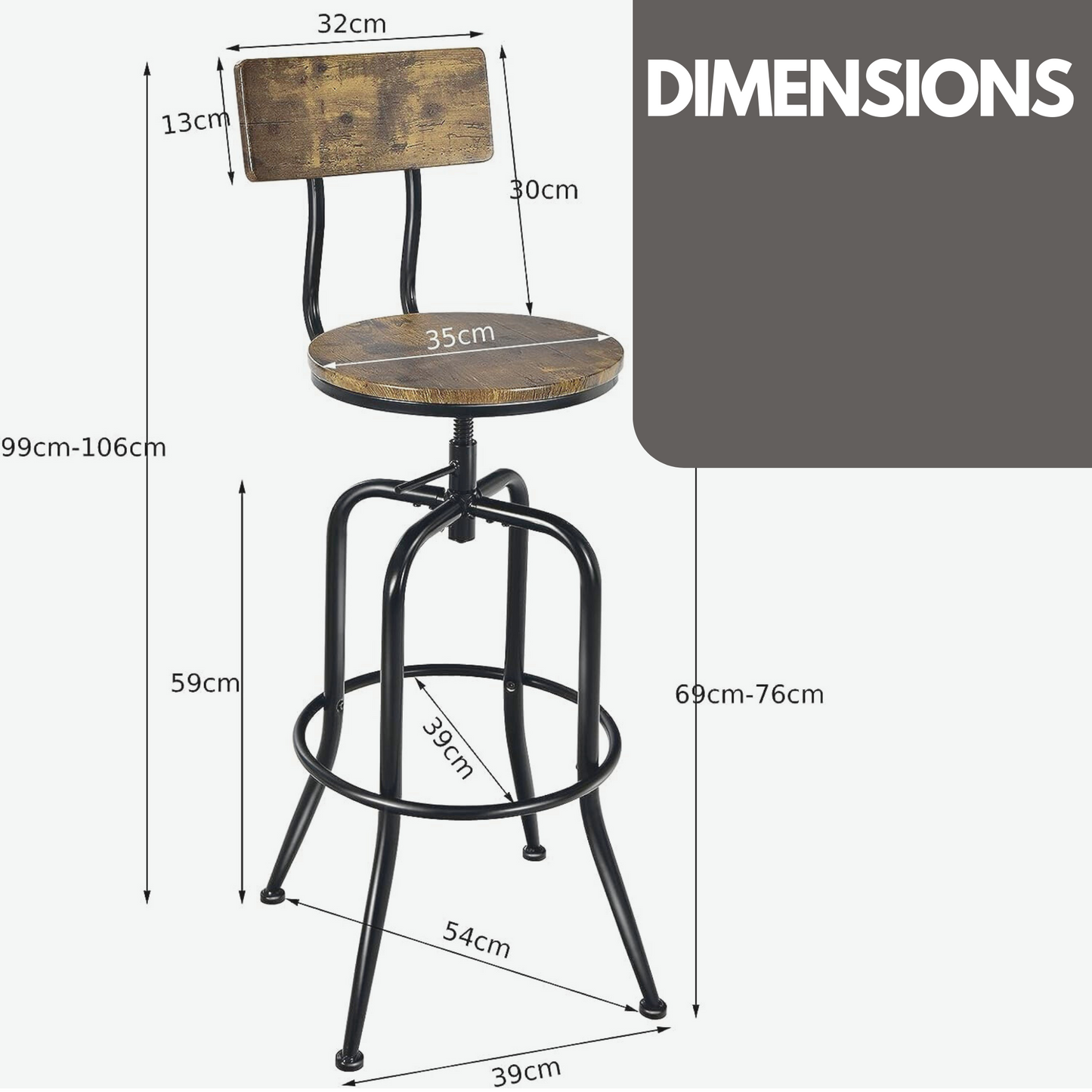 set of 2 industrial rustic brown bar stools with back & footrest